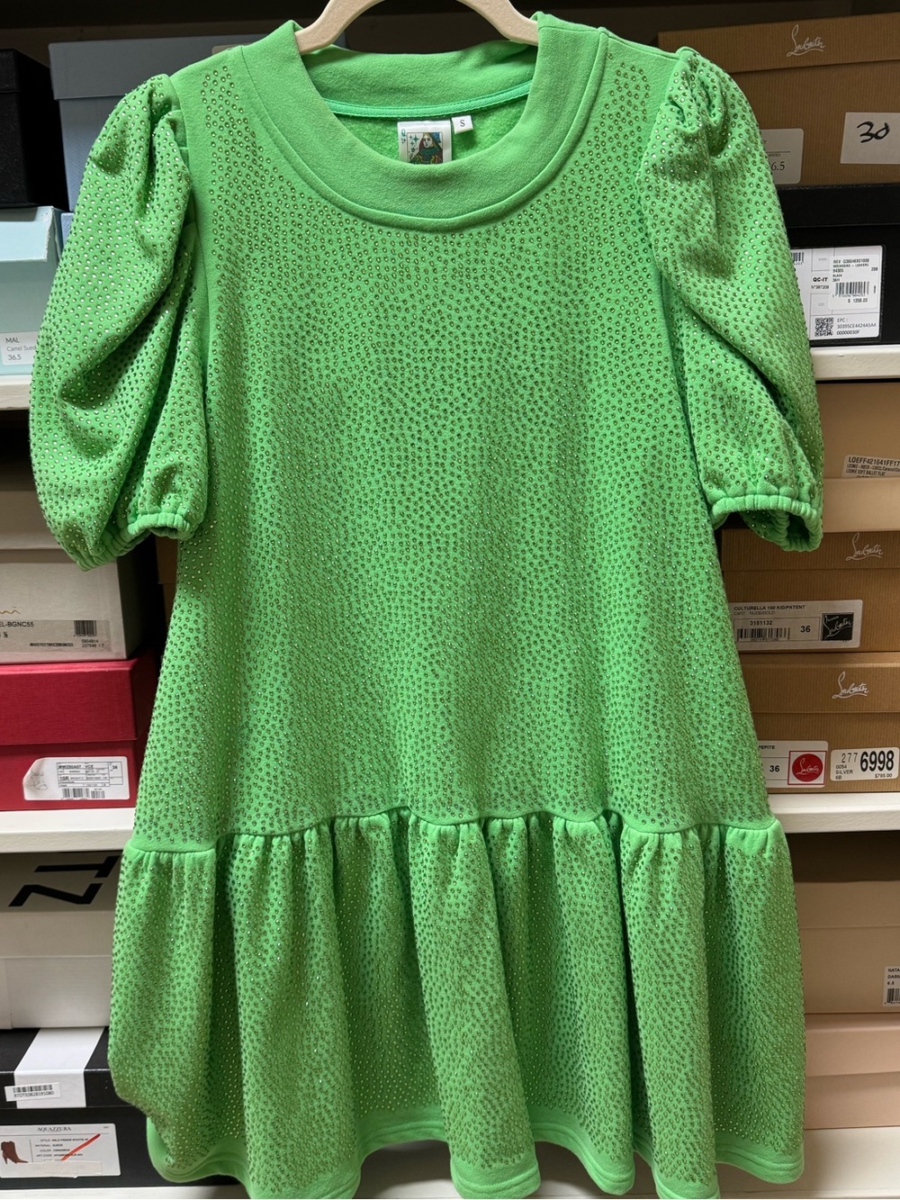 QUEEN OF SPARKLES Green Puff-Sleeve Drop-Waist Dress